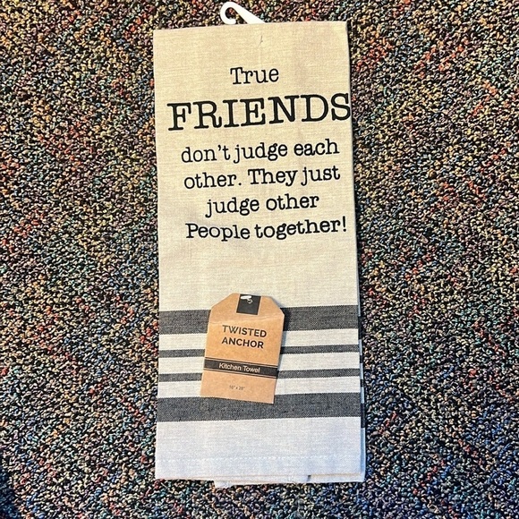 Twisted Anchor,  Tan Kitchen Tea Towel with Friendship humor on it. 16” X 28” - Picture 1 of 5